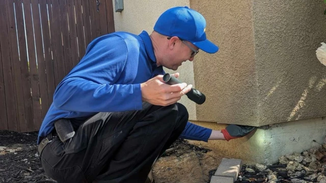A Yuba City pest control technician inspects the exterior of a home for rodent entry points