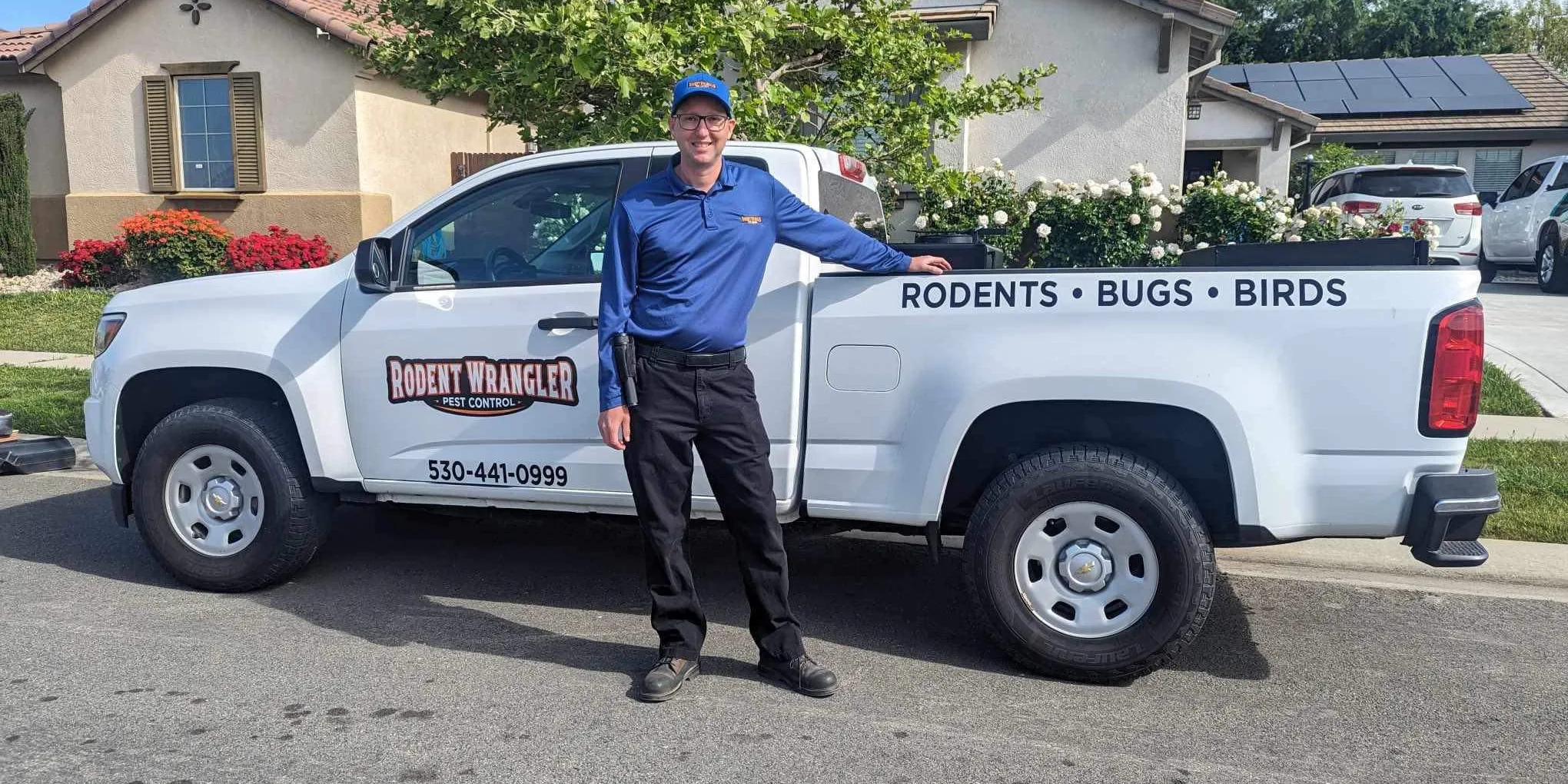 Rodent Wranlger pest control owner Mike Williams is ready to perform a pest control service at a residential home in Plumas Lake California.