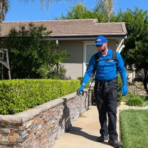 Rodent Wrangler Pest control providing a spot treatment as part of an earwigs control service at a Plumas Lake home.