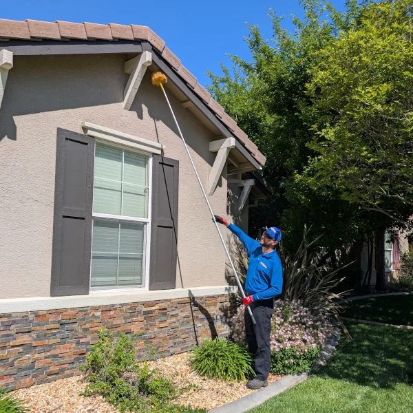 Rodent Wrangler removing wasps nests as part of a wasp control service for a Plumas Lake home. In Plumas Lake pest control is vital because wasps love the heat around the stucco walls and tile roofs.